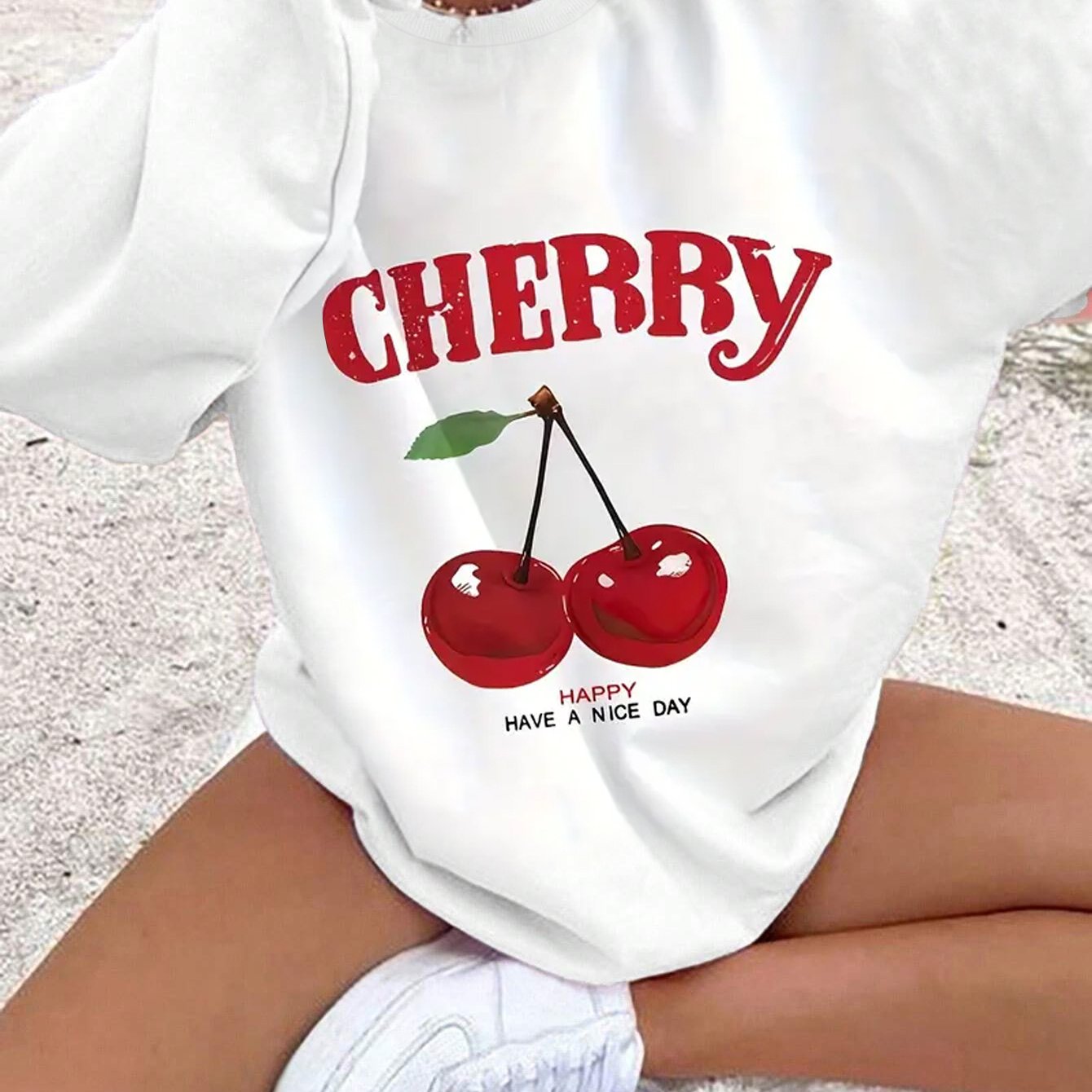 Women's Casual Crew Neck Sweatshirt with Cherry Print | 100% Polyester Knit Fabric | Fall/Winter Season | Casual Style | Long Sleeve Pullover | Fruit & Vegetable Pattern Design | Comfortable Loungewear