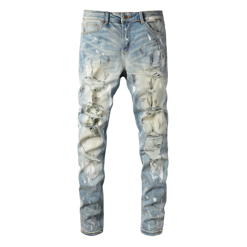 Jeans slim stretch Torn Graffiti Old Wash per uomo, stile destrutturato e lavaggio vintage, marca Valstrend shop.