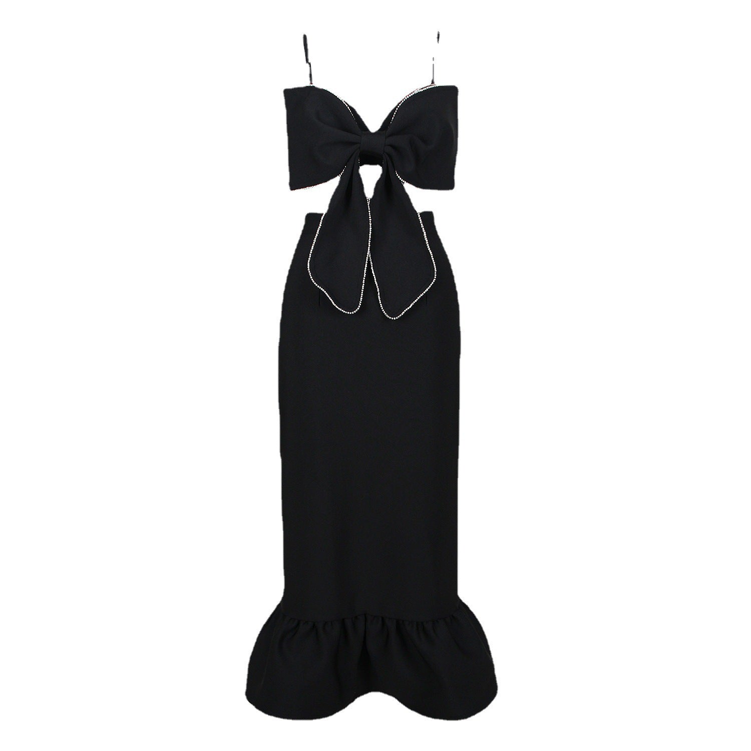 Camisole e top nero sexy senza schiena con grande fiocco, set due pezzi Valstrend, abbigliamento moda femminile elegante.