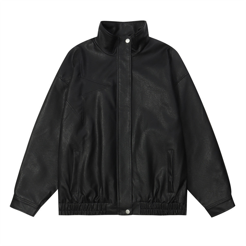 Solid Color Five-pointed Star Pu Shuai Stand Collar Zipper Leather Coat