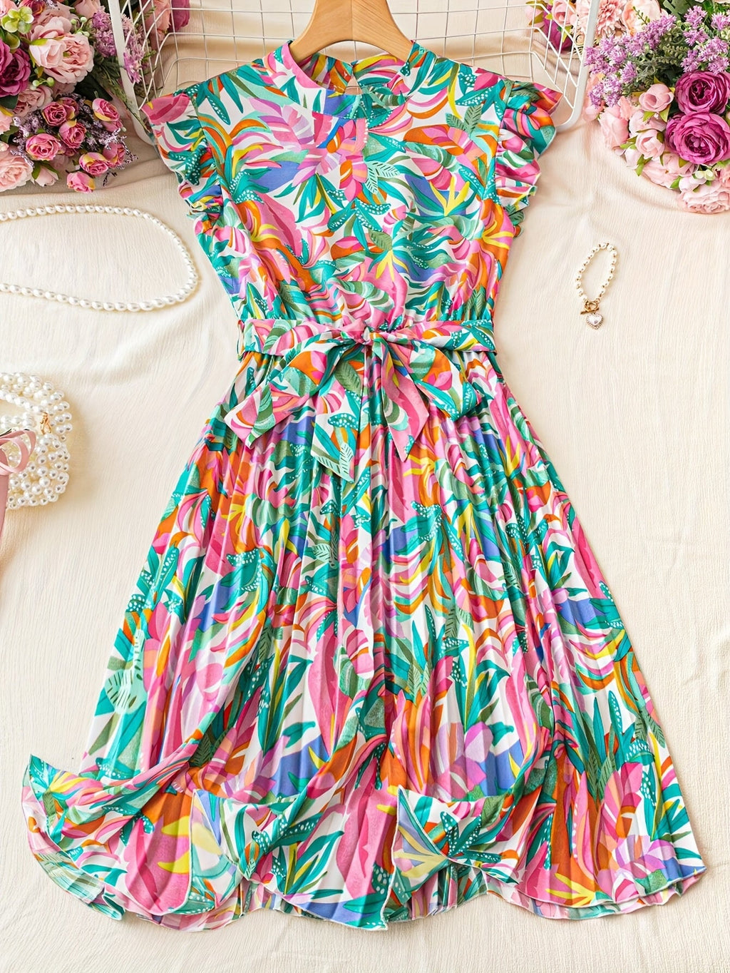Vestito a linea A Valstrend shop con stampa floreale tropicale, spalla scoperta, maniche a ruchino e gonna a vita, ideale per primavera e estate.