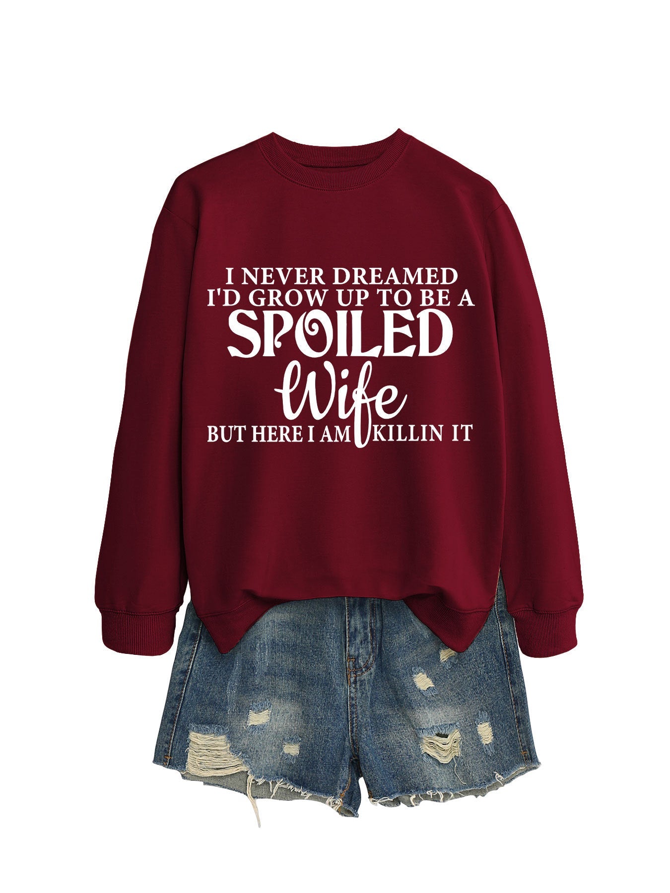 Felpa casual con lettere stampate, girocollo, donna, marca Valstrend, morbida e comoda, vista frontale.
