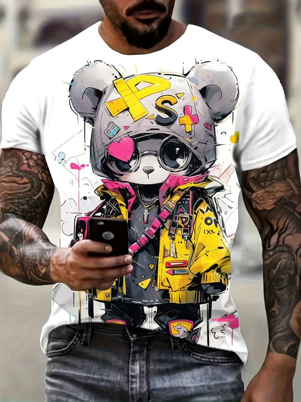 T-shirt estivo da uomo Valstrend con stampa cartoon di orso, maniche corte, tessuto in poliestere elasticizzato, casual e sportivo
