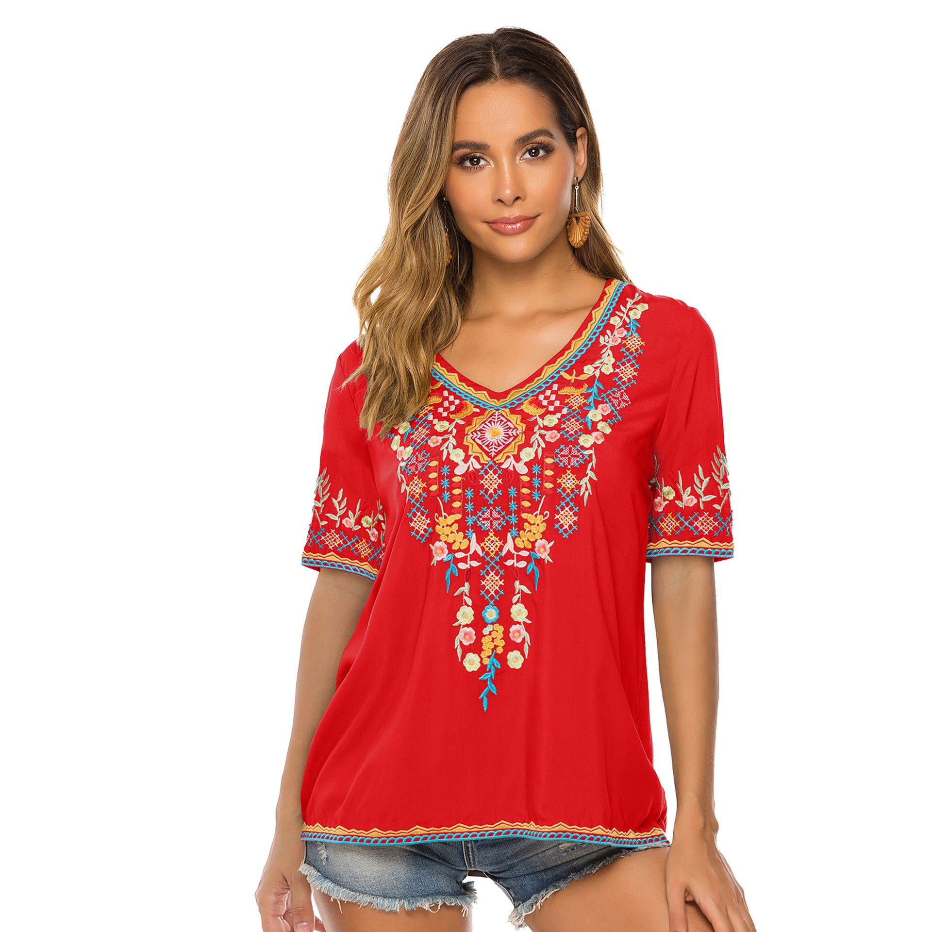 Top ricamato a V con stile europeo e americano, marca Valstrend, tessuto leggero e dettagli decorativi.