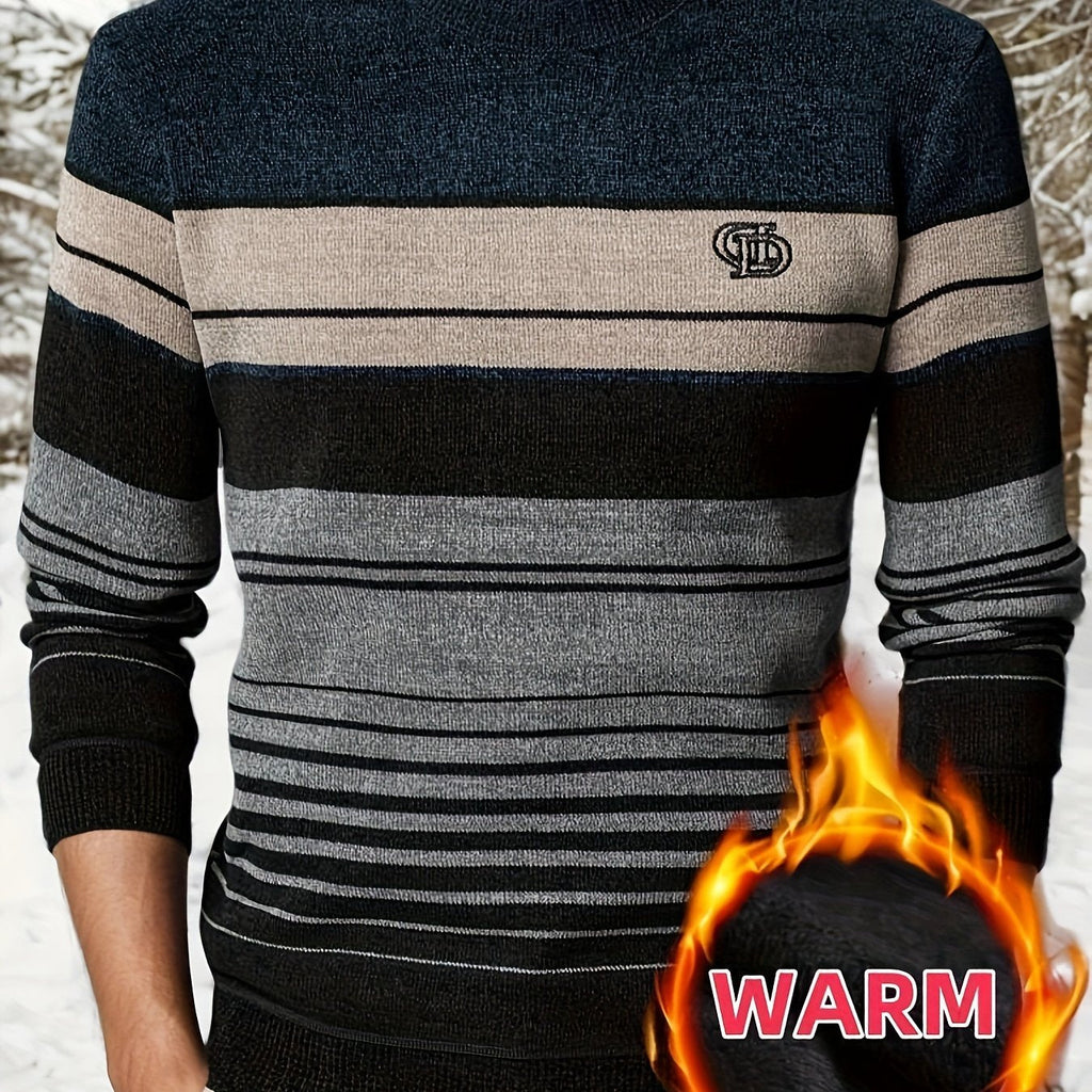 Maglione da uomo a righe con lettere ricamate, interno felpato, design a blocchi di colore, ideale per inverno e abbigliamento casual outdoor