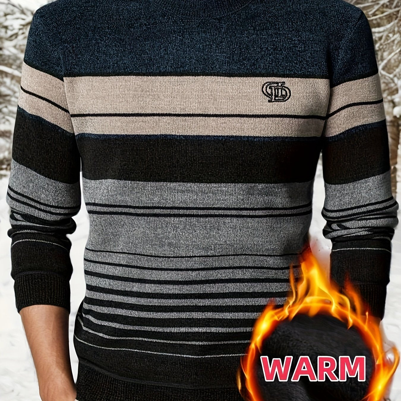 Maglione da uomo a righe con lettere ricamate, interno felpato, design a blocchi di colore, ideale per inverno e abbigliamento casual outdoor