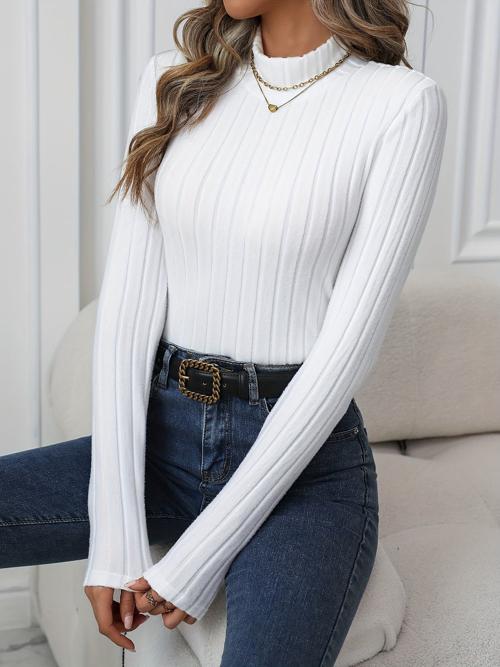 Maglietta a maniche lunghe a collo alto in tinta unita, vestibilità slim, tessuto a costine, stile elegante per donne, Valstrend shop