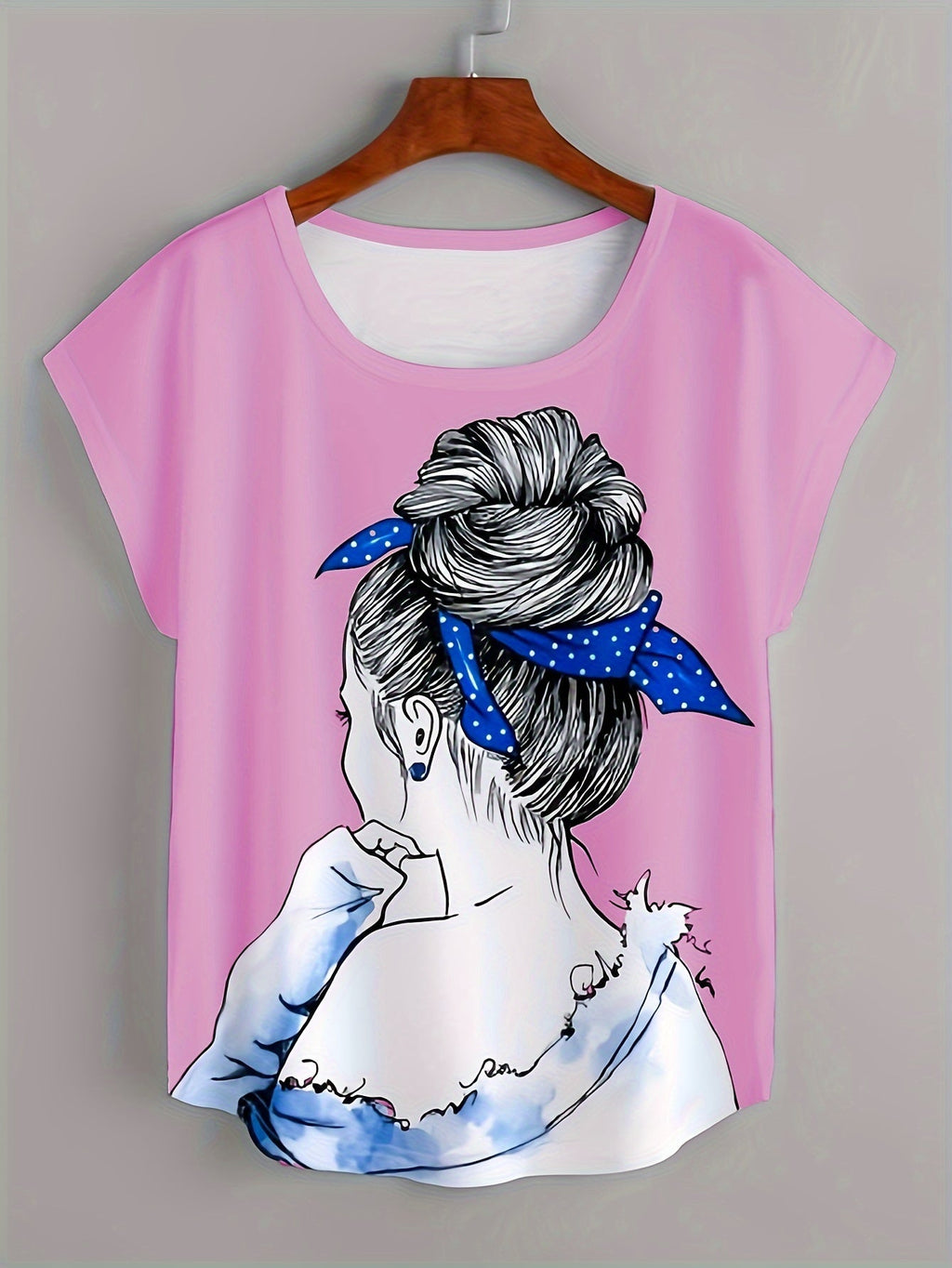 T-shirt donna Valstrend con stampa ritratto, maniche corte casual, scollo rotondo, perfetto per primavera ed estate.