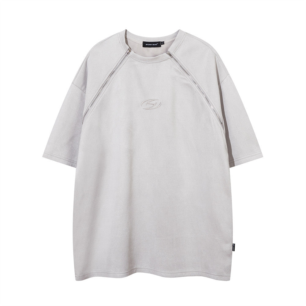 T-shirt da uomo Valstrend con doppio zip a maniche corte, stile casual e moderno, in tessuto morbido e confortevole