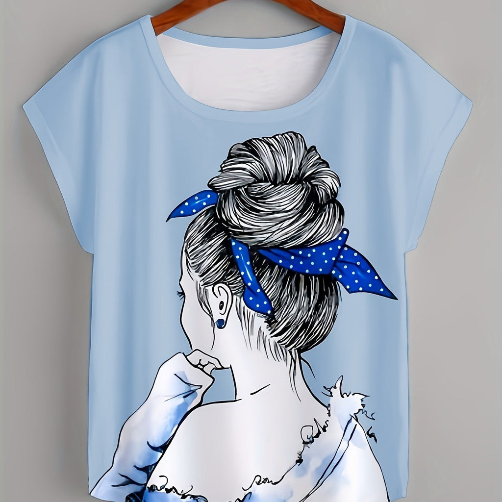 T-shirt donna Valstrend con stampa ritratto, maniche corte, collo rotondo, ideale per primavera e estate, abbigliamento casual