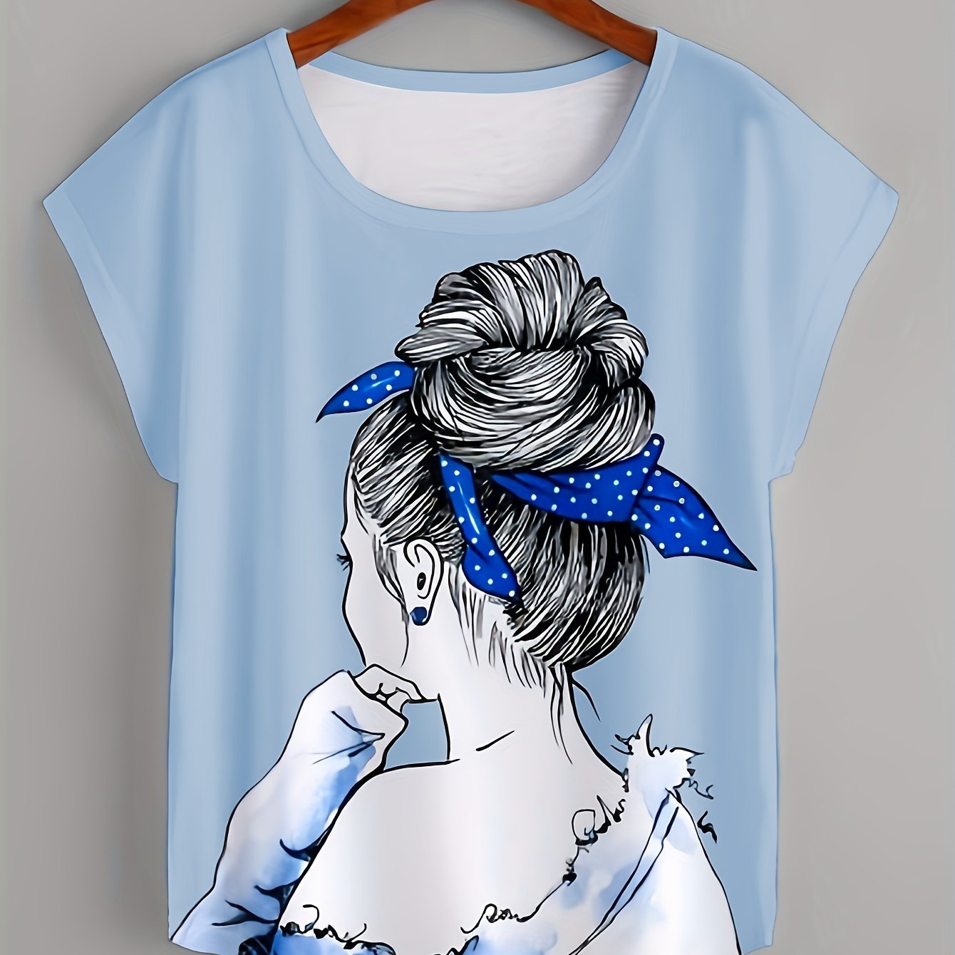 T-shirt donna Valstrend con stampa ritratto, maniche corte, collo rotondo, ideale per primavera e estate, abbigliamento casual