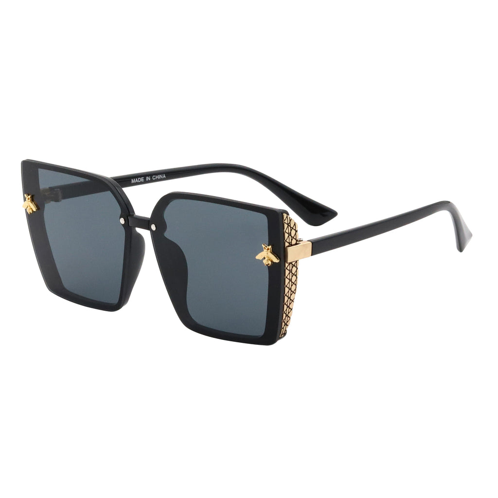 Chic Oversized Black Fashion Glasses with Elegant Bee Accents - Perfect for Hiking & Beach Parties, Anti-Reflective PC Lenses