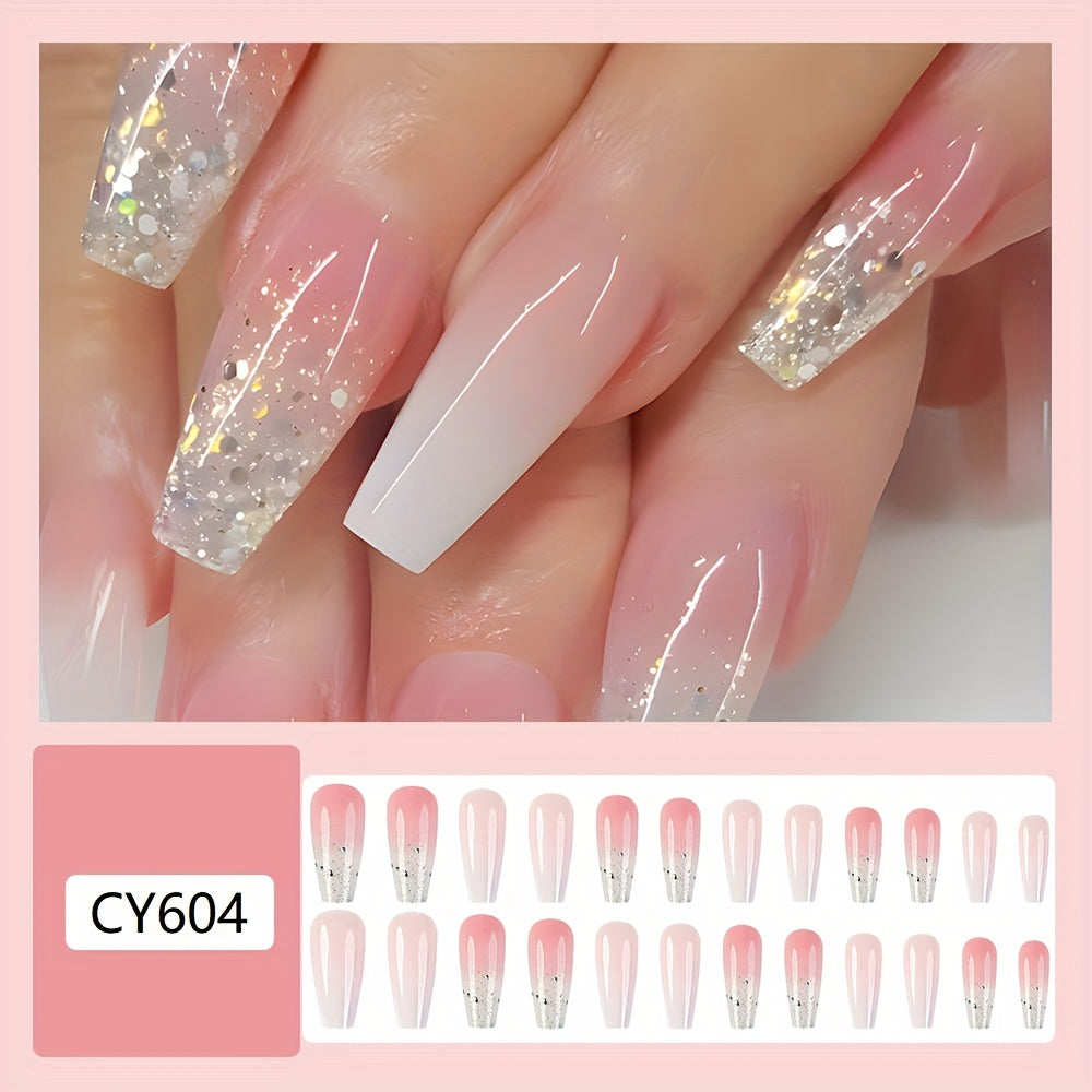 Set di 24 unghie finte a ballerina lunghe rosa sfumata con glitter brillante, finitura lucida, per cura di mani e piedi, Valstrend shop.