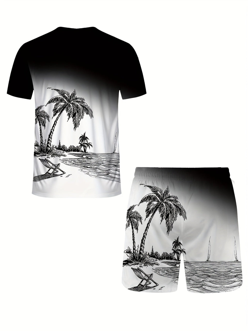Completo uomo estivo con T-shirt a maniche corte e pantaloncini con stampa a gradiente di palme di cocco, marchio Valstrend.