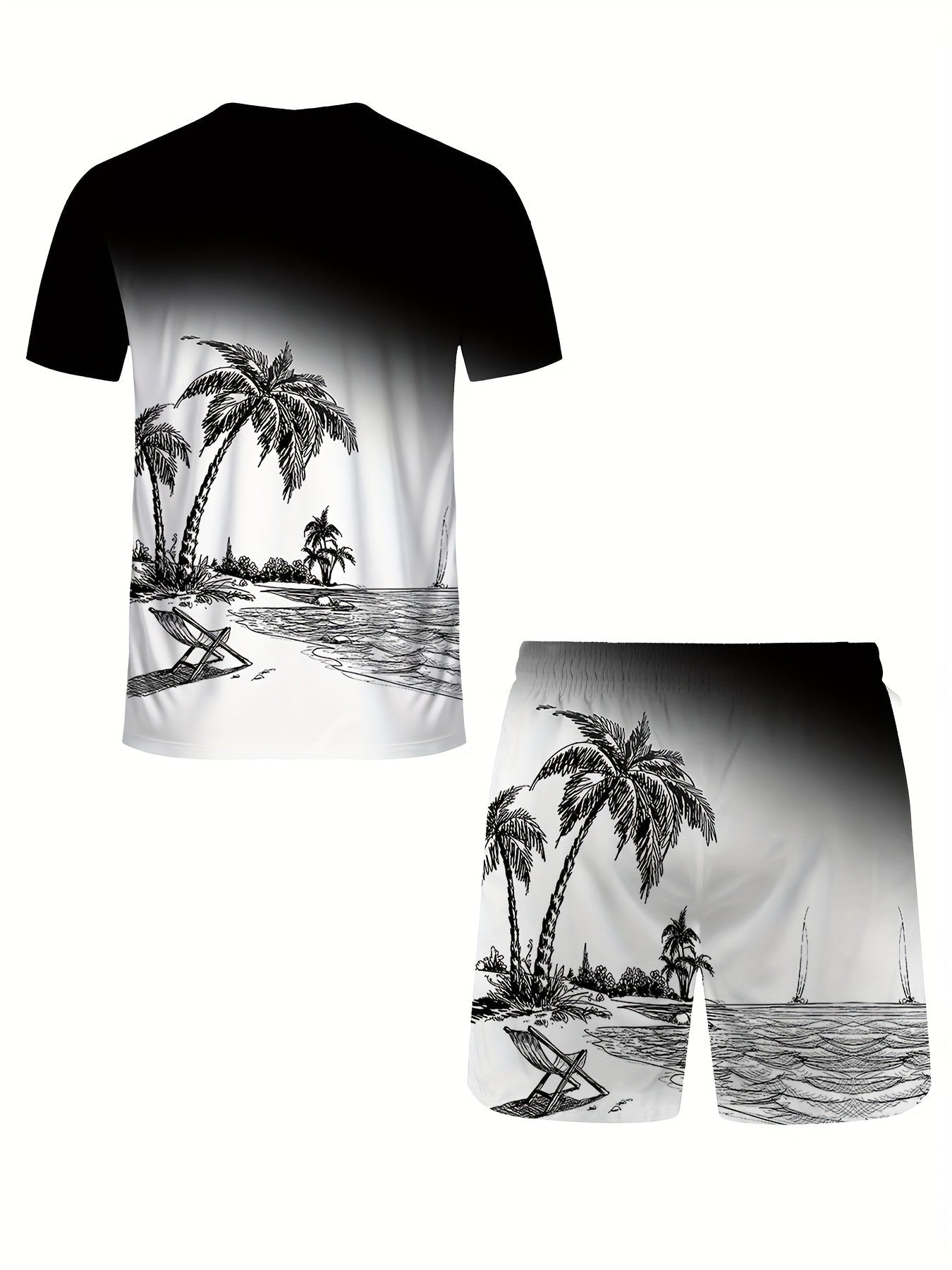 Completo uomo estivo con T-shirt a maniche corte e pantaloncini con stampa a gradiente di palme di cocco, marchio Valstrend.