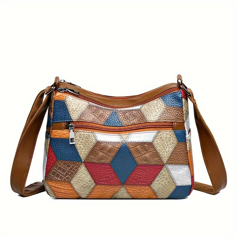 Borsa donna elegante con stampa geometrica, in eco-pelle, tracolla regolabile, ideale per uso quotidiano e viaggi di lavoro.