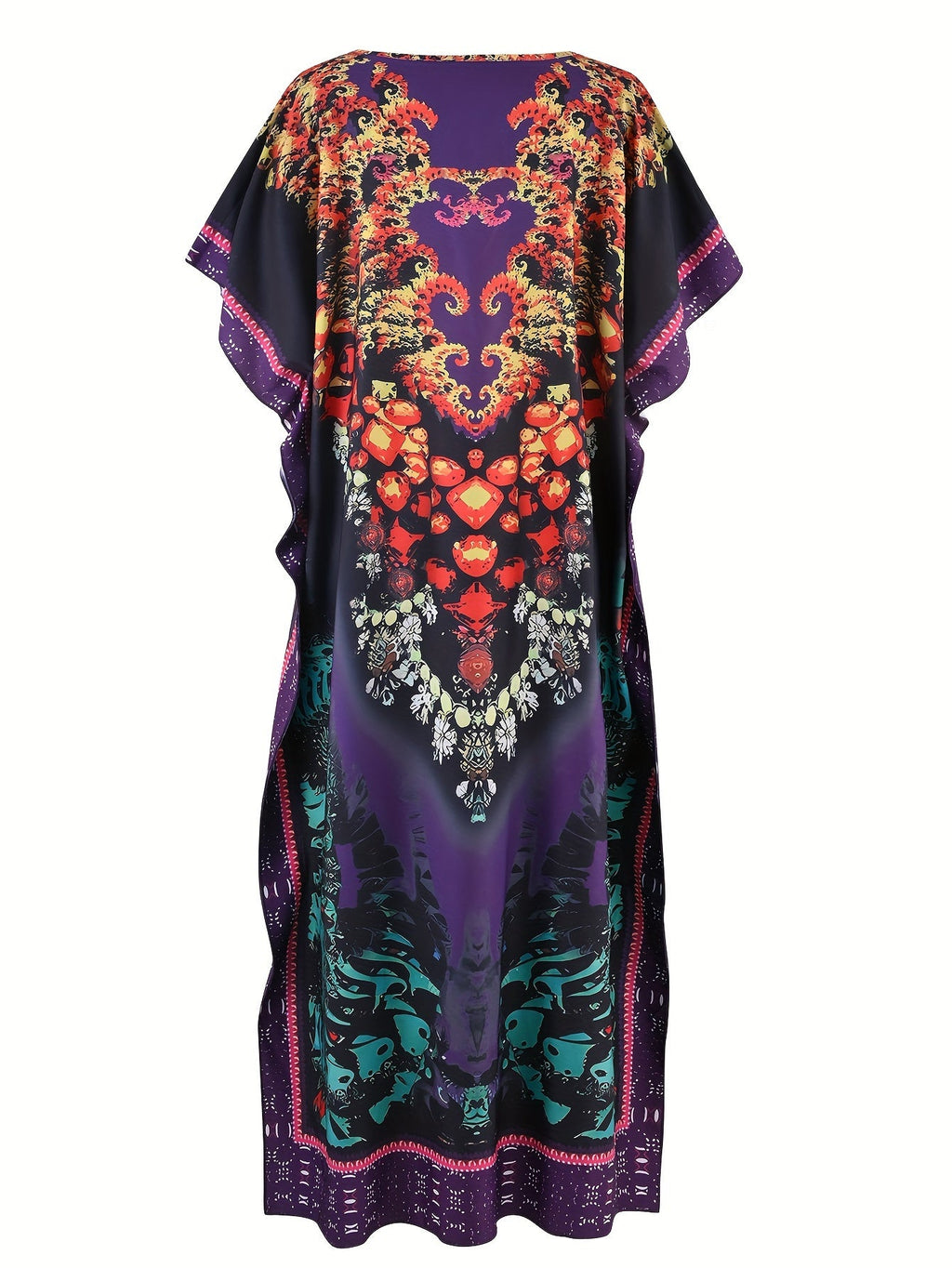 Abito lungo donna Valstrend con stampa allover, scollo a V, maniche a pipistrello e stile elegante maxi dress.