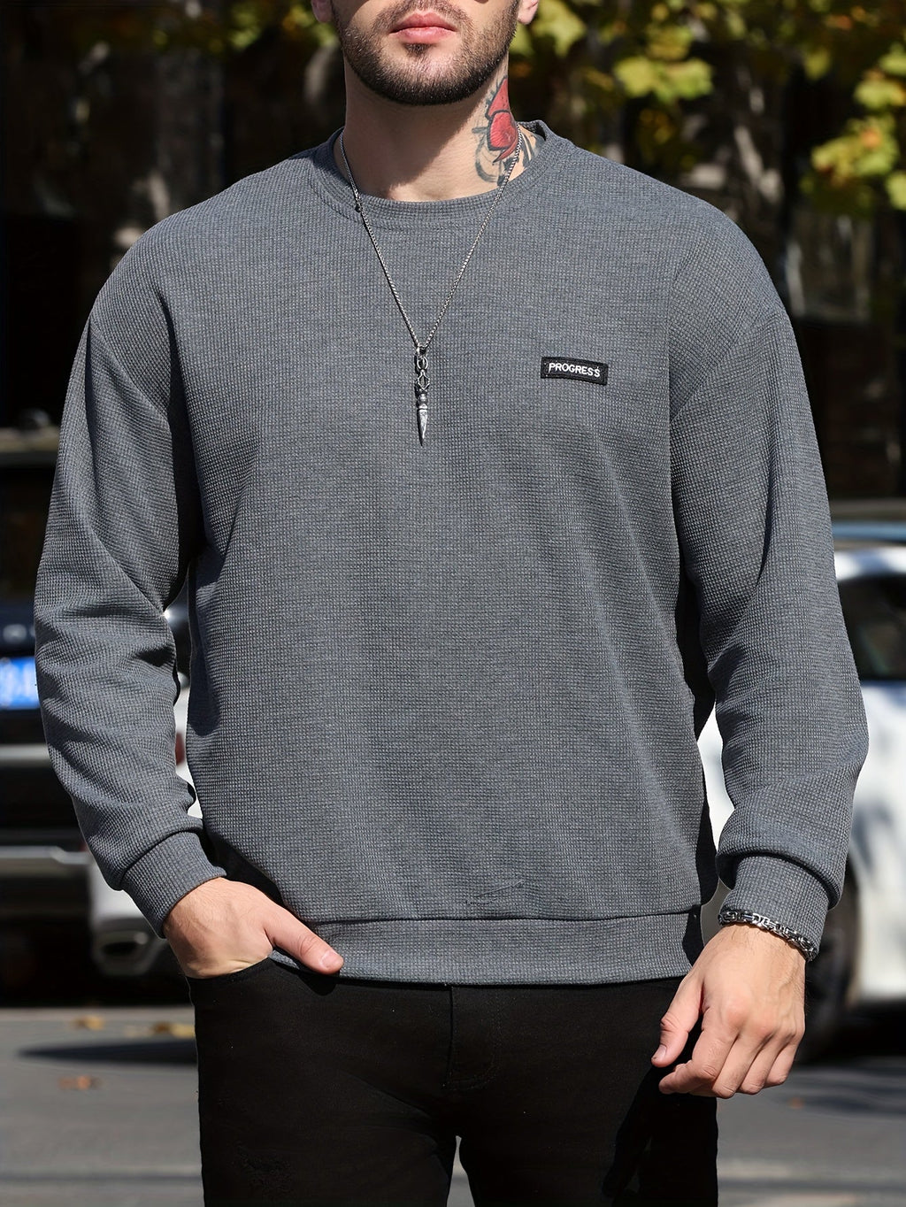 Felpa progress per uomo Valstrend, maglia a maniche lunghe slim-fit con collo rotondo, traspirante e casual.