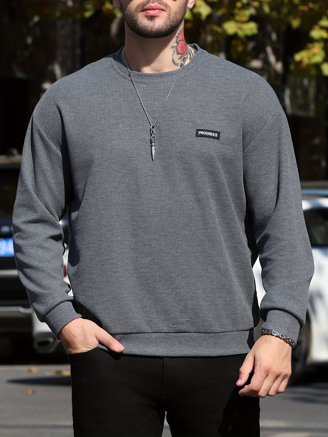 Felpa progress per uomo Valstrend, maglia a maniche lunghe slim-fit con collo rotondo, traspirante e casual.