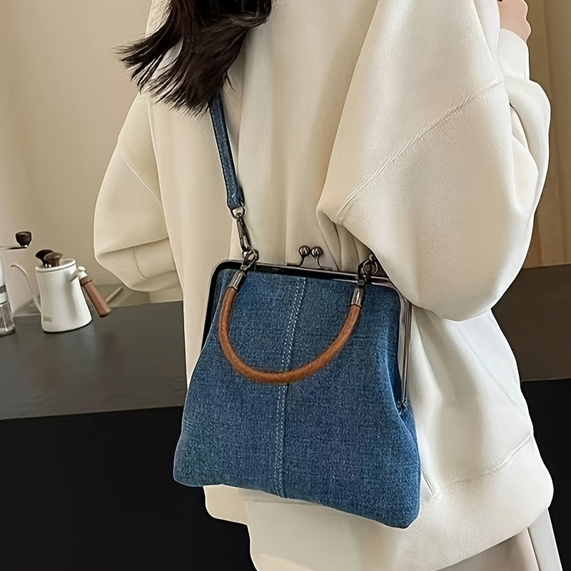 Chic Denim Crossbody Bag for Women with Twist Lock Closure, Detachable Strap & Tassel Accent - Foldable Handmade Purse, Polyester Lined, Hand Washable - Blue/Light Blue
