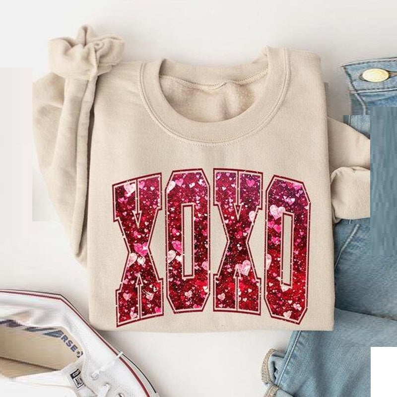 Maglione girocollo stampato con lettere europee e americane, Valstrend, stile casual, tessuto morbido, in foto dettagli del design.