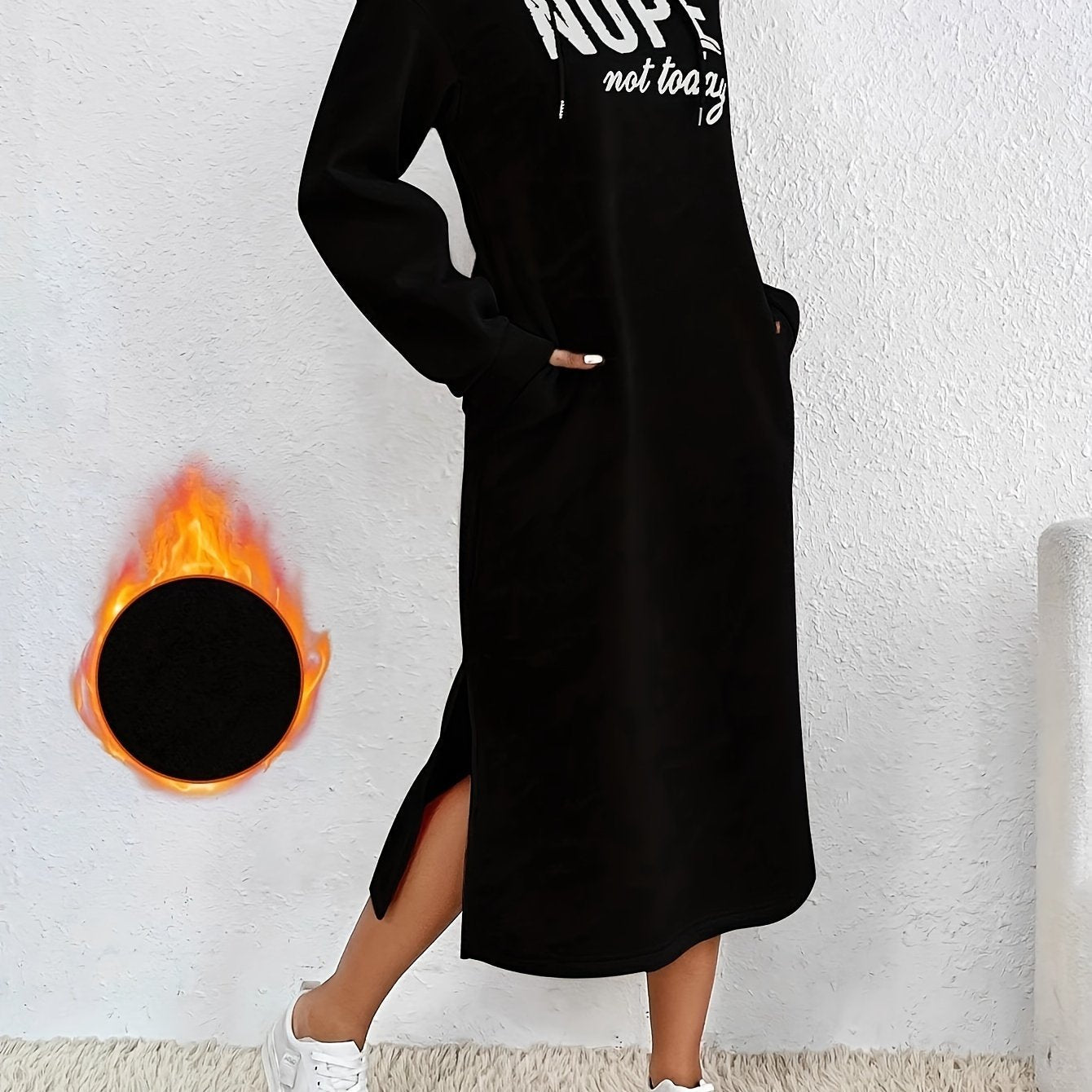 NOPE Print Drawstring Hooded Dress, Elegant Slant Pocket Long Sleeve Split Midi Dress For Fall & Winter, Women's Clothing