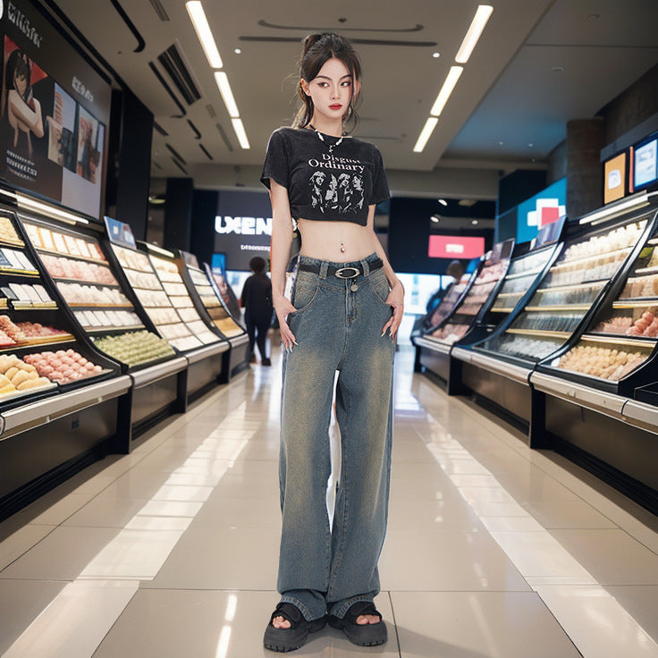Jeans donna larghi Valstrend con motivo a stelle e cielo retrò, tessuto morbido e comodo, stile casual e vintage.