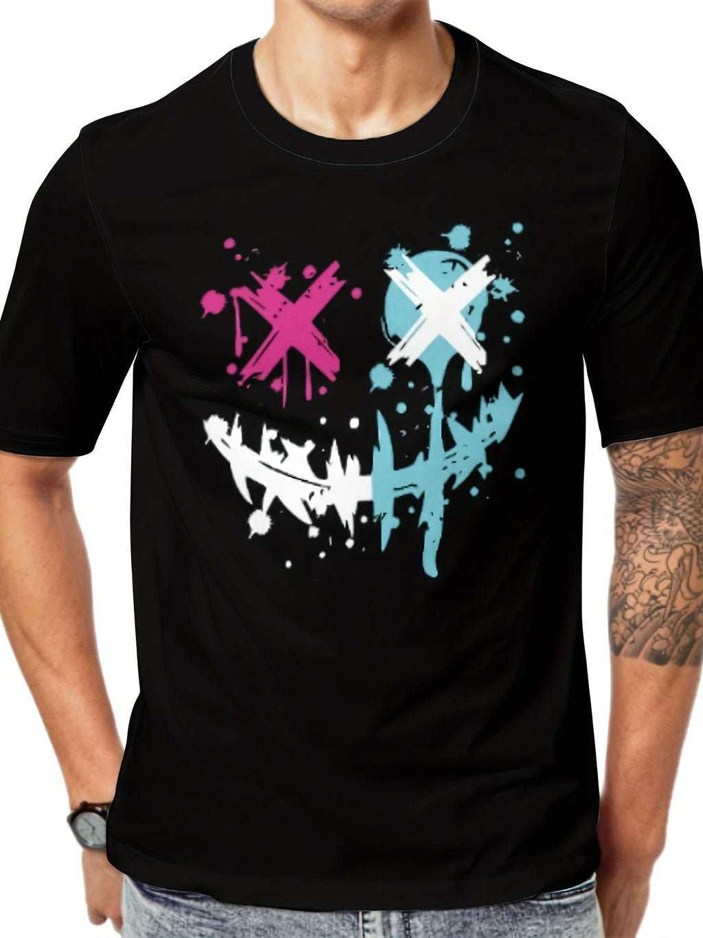 T-shirt uomo Valstrend con stampa faccia sorridente malvagia, maniche corte, collo rotondo, stile casual per primavera e estate.