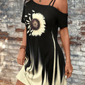 Cold Shoulder Sunflower Print Loose Dress, Chic Asymmetrical Neck Colorblock Dress For Spring & Summer, Women's Clothing