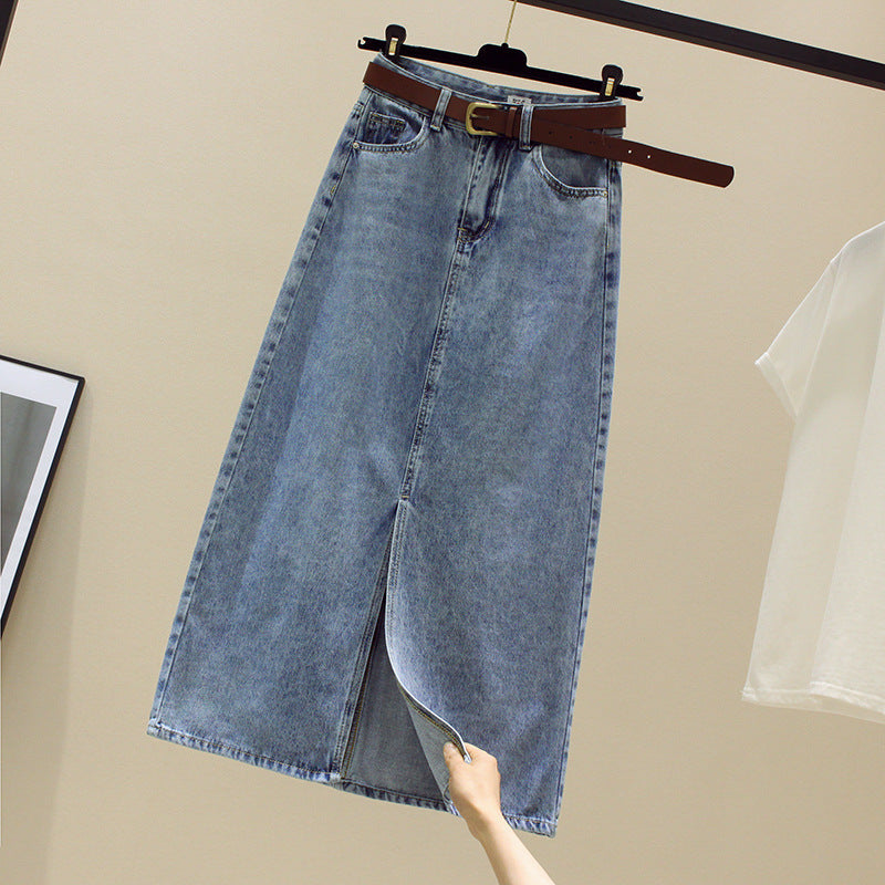 Gonna donna a vita alta in denim con spacco, perfetta per primavera ed estate, marca Valstrend shop.