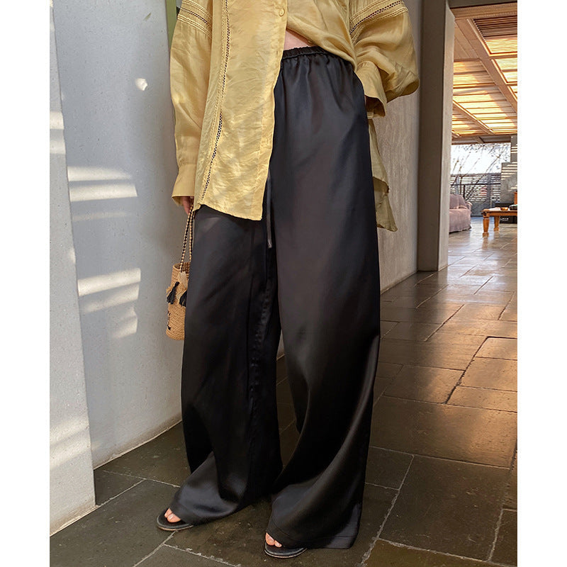 Pantaloni donna Valstrend satin larghi con vita elastica, coulisse e stile casual, pantaloni a gamba larga e drappeggiati
