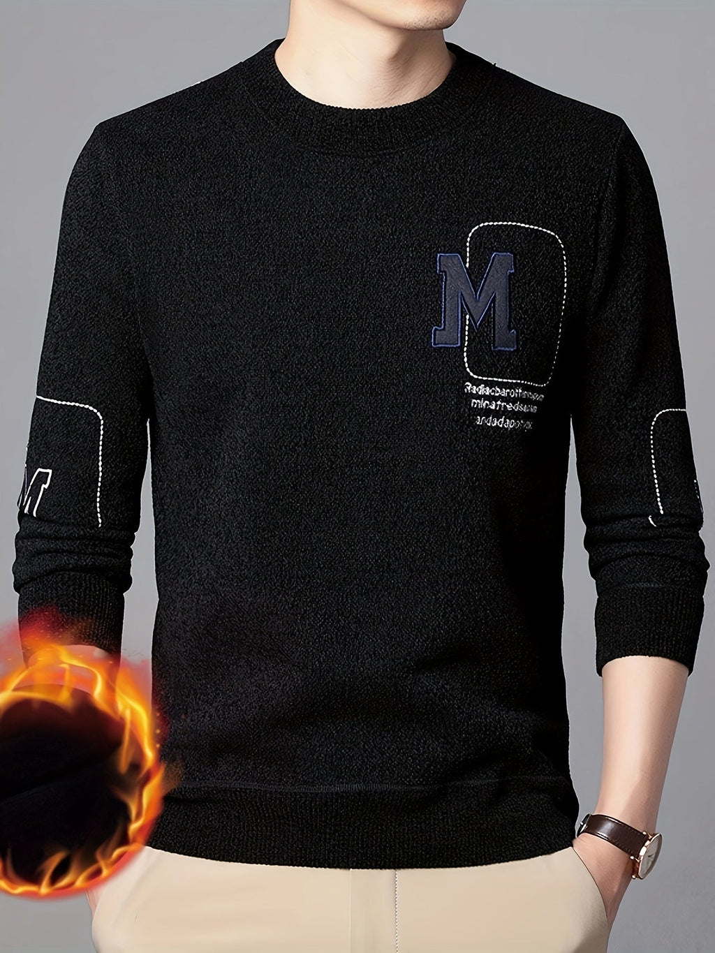 Maglione invernale spesso da uomo Valstrend con motivo a lettera M, girocollo, maniche lunghe, stile casual, tessuto in poliestere.