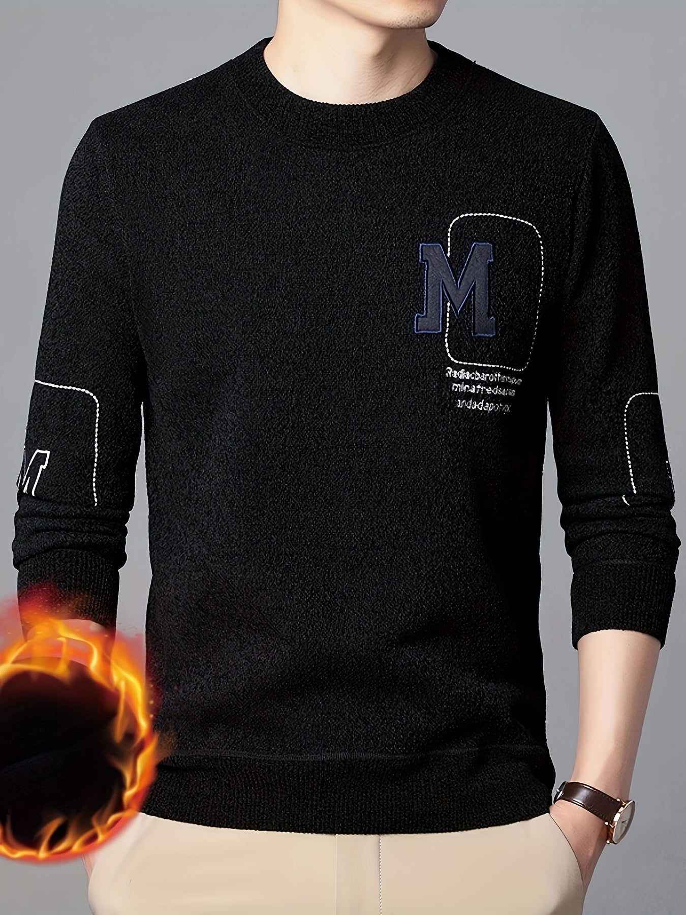 Maglione invernale spesso da uomo Valstrend con motivo a lettera M, girocollo, maniche lunghe, stile casual, tessuto in poliestere.