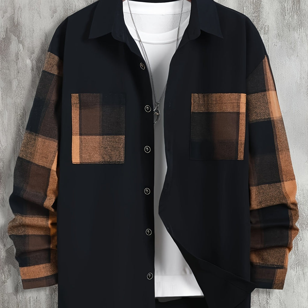 Camicia uomo casual a quadri con taschino, maniche lunghe, collo button-down, in tessuto misto poliestere, vestibilità regolare.
