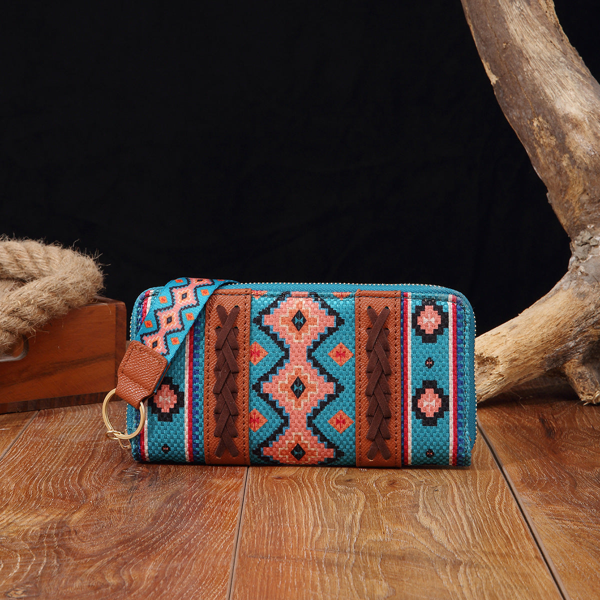 Portafoglio bohemien in cotone e lino stampato, donna, portacarte a mano, stile vintage, marca Valstrend.
