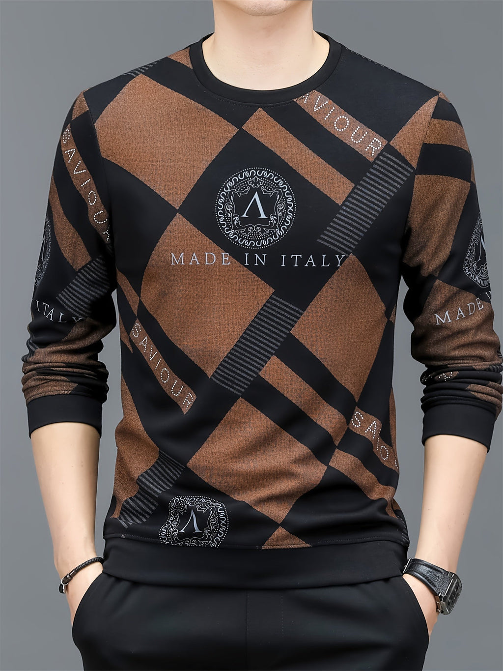 Felpa casual da uomo Valstrend con stampa lettere e blocchi, maniche lunghe e stile trendy, ideale come regalo.