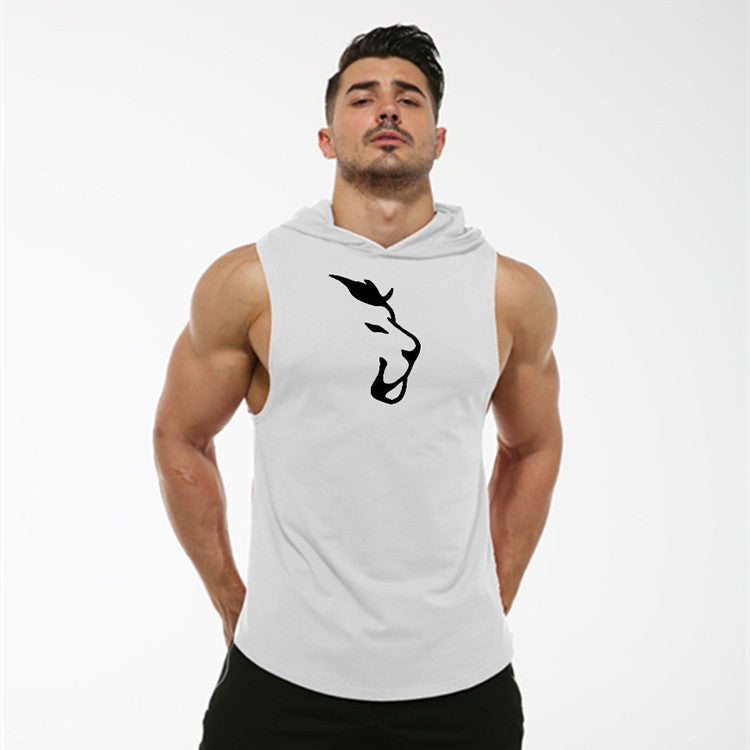 Giacca senza maniche Valstrend con cappuccio estivo, stampa testa di lupo, tessuto elastico e assorbente, design curvo.