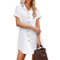 Camicia donna a maniche corte in lino con bottoni e gonna abbinata, stile casual e elegante, marca Valstrend.