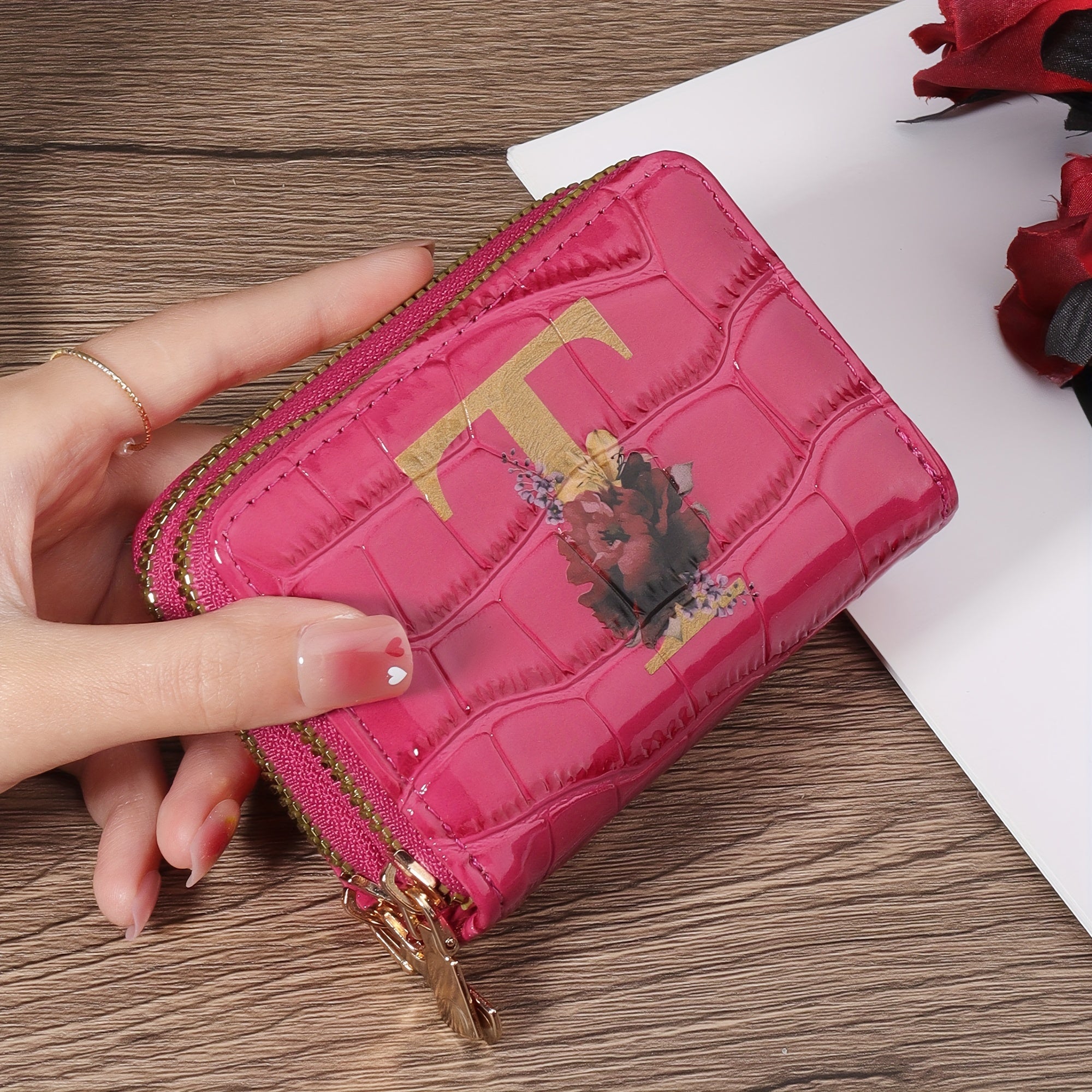 Portafoglio portacarta di credito Valstrend con motivo floreale, piccolo, con zip, adatto a donne e uomini, design a fisarmonica.