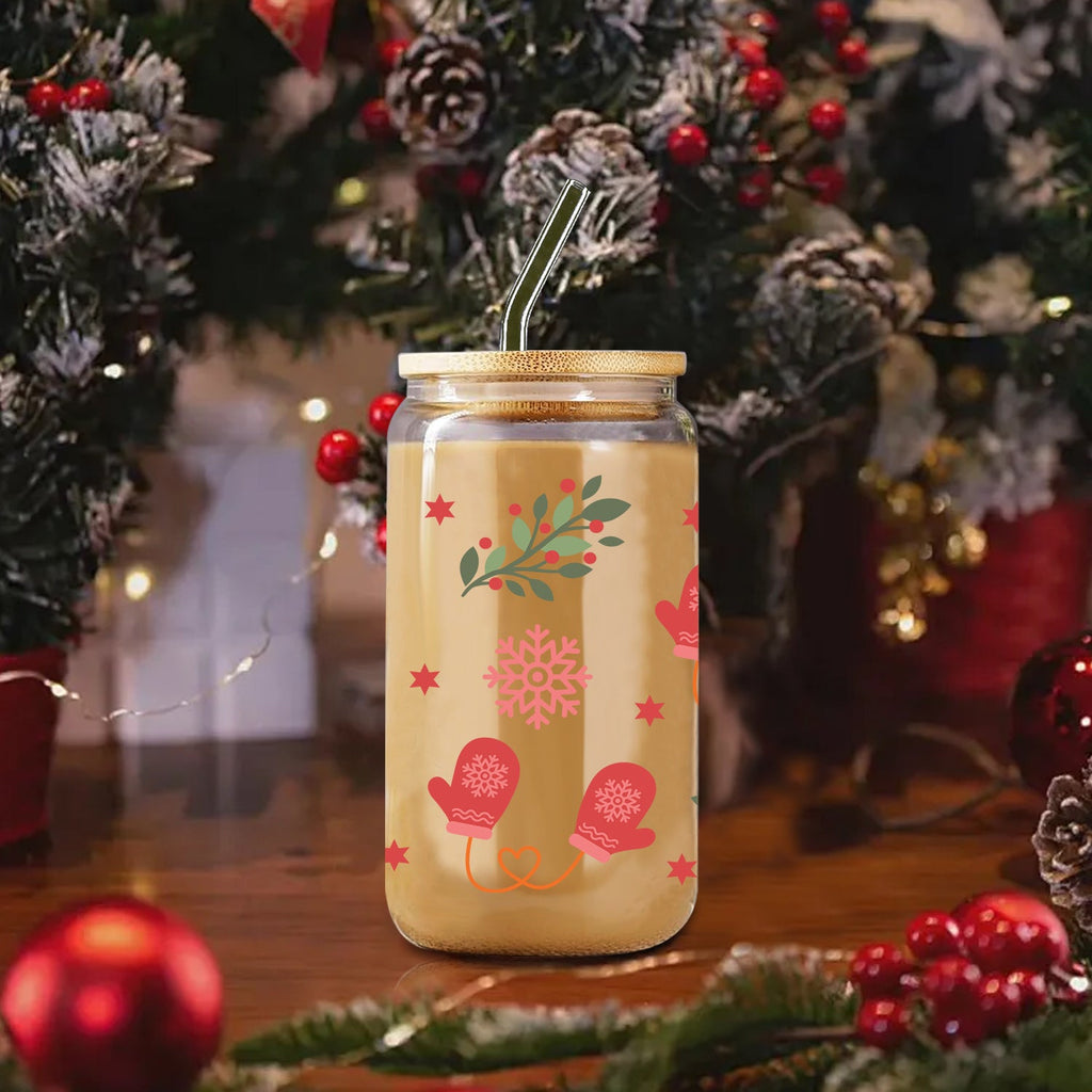 Christmas-Themed 16oz Glass Tumbler with Lid & Straw - Festive Snowflake, Glove & Tree Design - Perfect for Holiday Drinks, Coffee, Beer - Ideal Party Favor or Gift