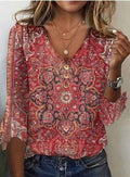 T-shirt donna Valstrend, maglietta a maniche a campana con stampa autunnale e scollo a V, stile casual e femminile