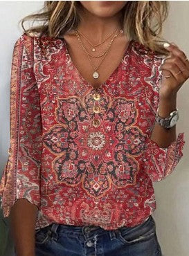 T-shirt donna Valstrend, maglietta a maniche a campana con stampa autunnale e scollo a V, stile casual e femminile