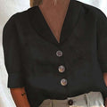 Camicia da donna Valstrend top maniche corte in cotone e lino, colletto alla coreana, colore unito, stile casual e comodo.