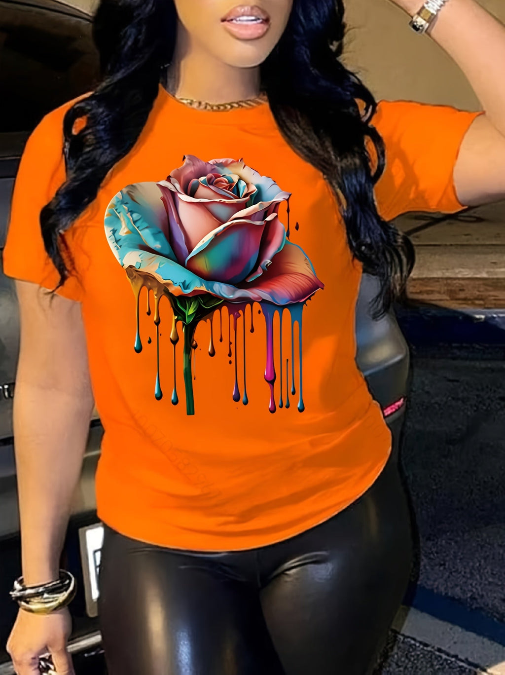 T-shirt da donna Valstrend con stampa rosa, girocollo, maniche corte, ideale per primavera e estate, abbigliamento casual femminile