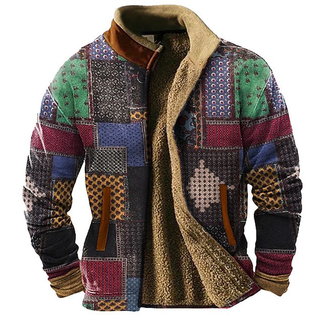 Giacca casual in patchwork autunno-inverno Valstrend, stampa 3D, uomo, stile casual e caldo con motivi colorati.