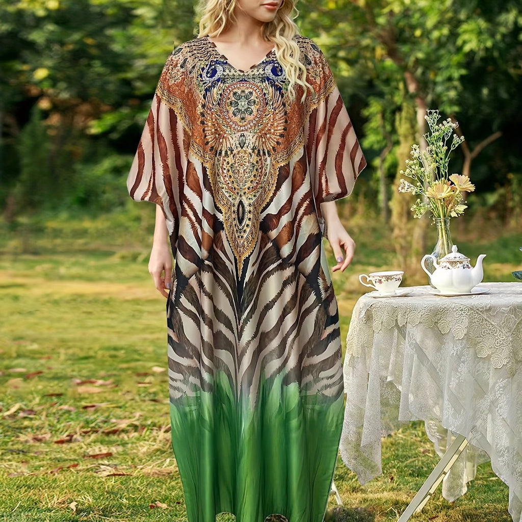Vestito maxi in stampa allover Valstrend, abito casual con scollo a V e maniche a pipistrello, ideale per primavera e estate.