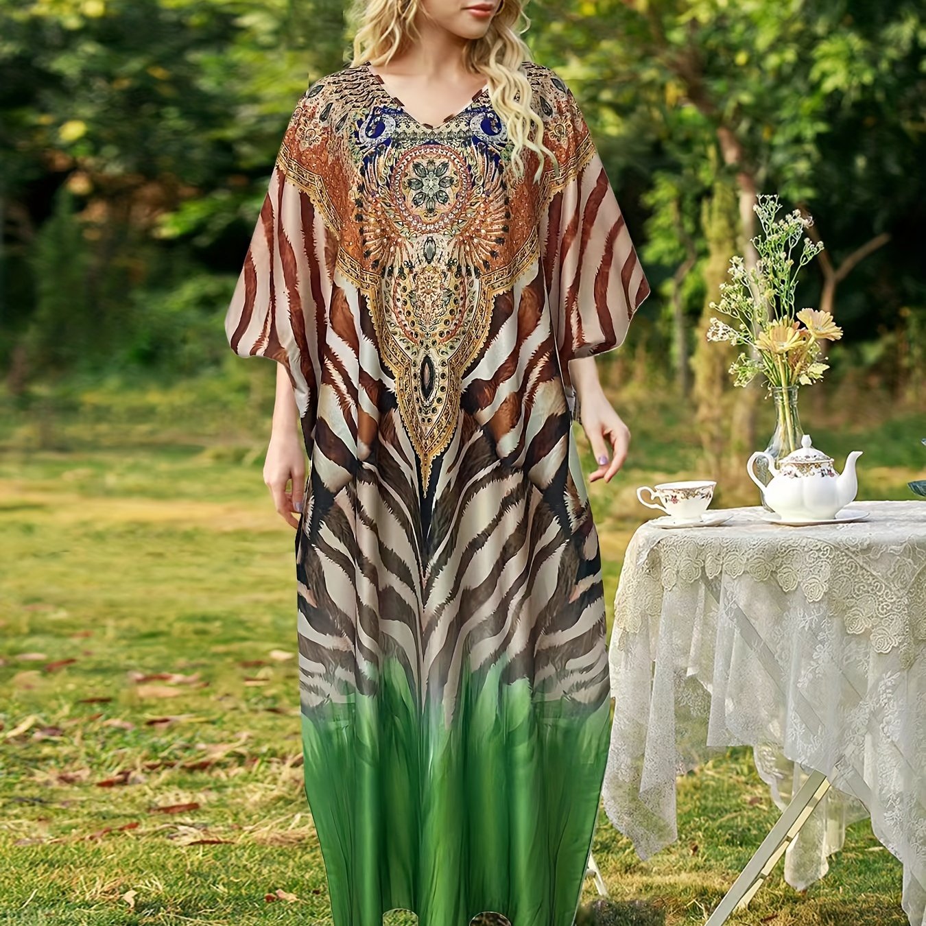 Vestito maxi in stampa allover Valstrend, abito casual con scollo a V e maniche a pipistrello, ideale per primavera e estate.