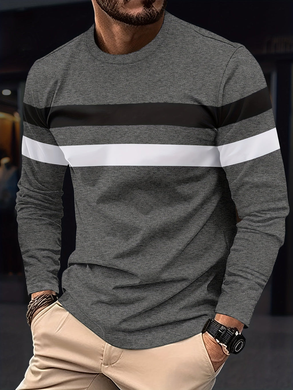 Felpa da uomo Valstrend con righe e blocchi di colore, maniche lunghe, stile casual e trendy, ideale come regalo.