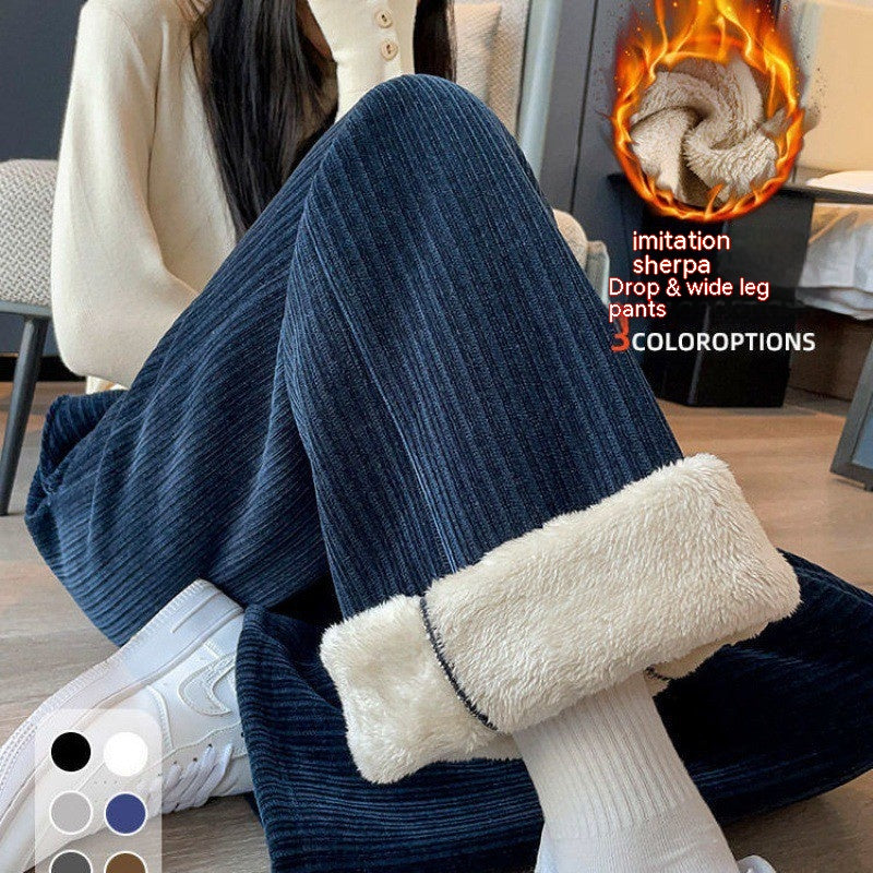 Pantaloni larghi in pelle di agnello spessa per donna, stile autunno e inverno, marca Valstrend, visibili in primo piano nell'immagine.