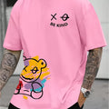 Men's Summer Casual Crew Neck T-Shirt with Cartoon Print and Positive Message, 100% Polyester Regular Fit Short Sleeve Tee for Daily & Casual Wear